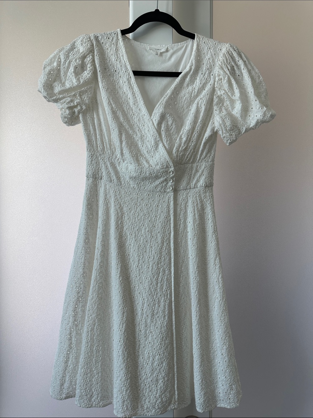 Women's White Eyelet Wrap Midi Dress with Puff Sleeves